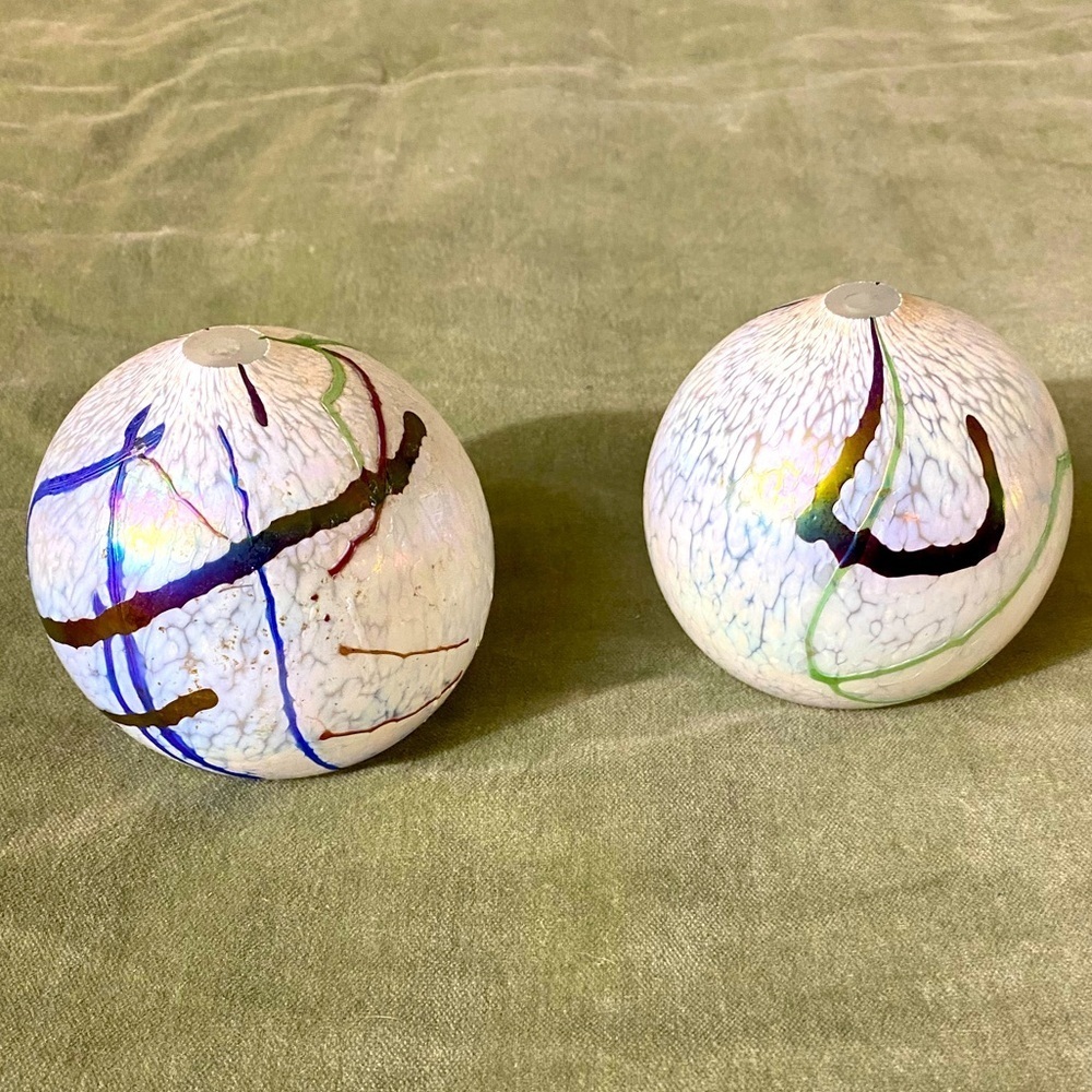 Blown glass orbs balls vases flat bottoms iridescent paint splatter set of 2 #15